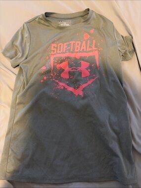Under Armour Girls' Green Softball Graphic Tee with Pink Logo YL